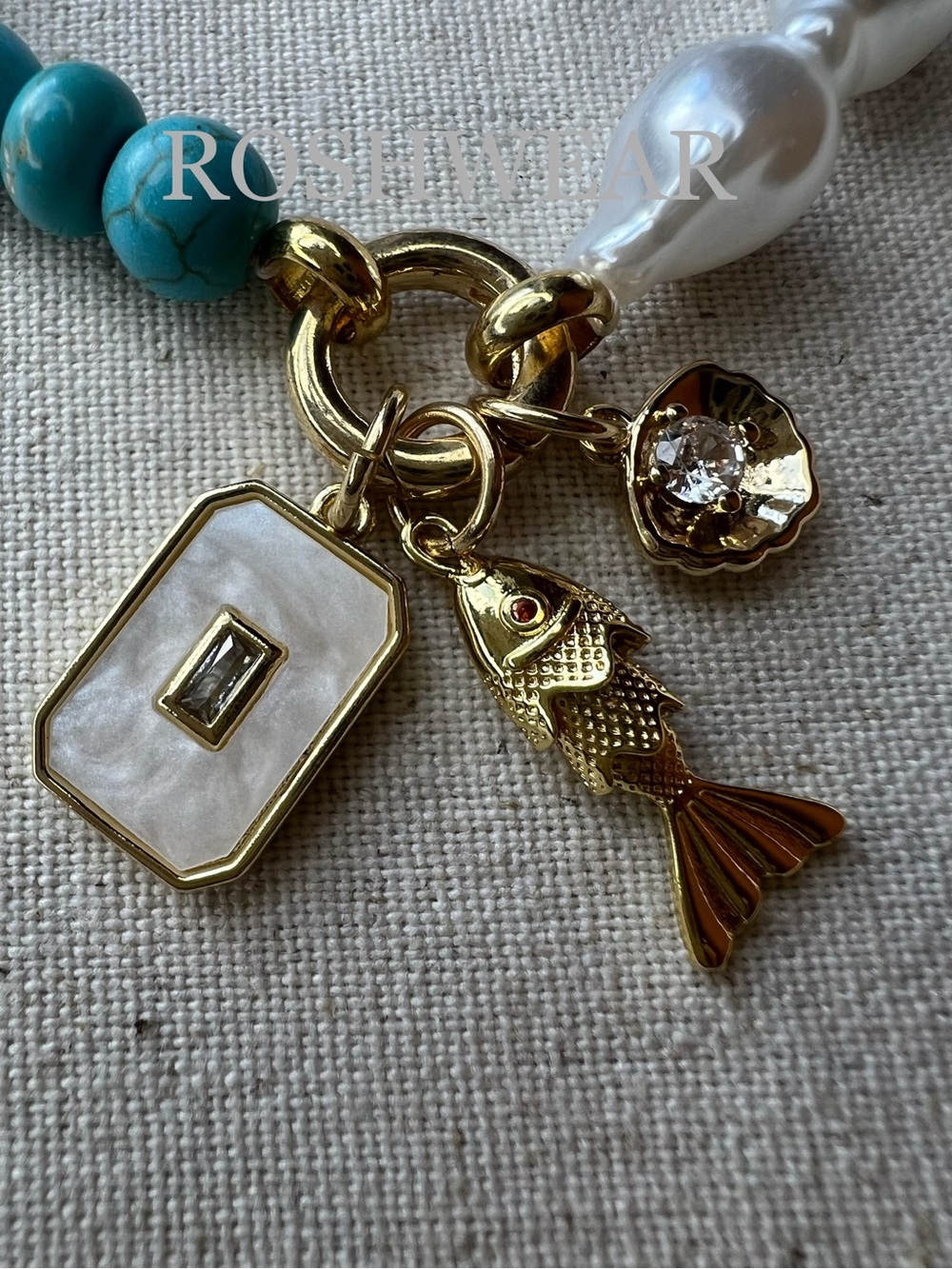 Carabiner Turquoise & Pearl Charm Bracelet with Gold Accents NWOT - Picture 3 of 9